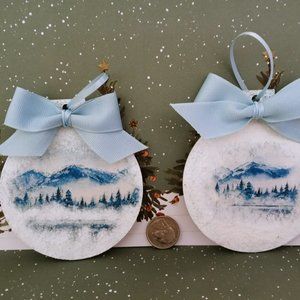 Set of 2 Ornaments-Serene Winter Scene surrounded by glistening snow
